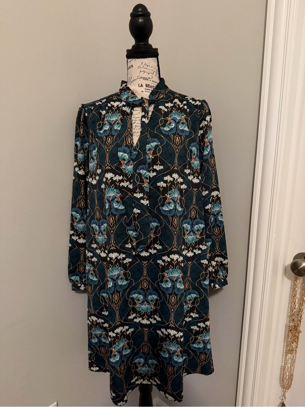 Loft Women's Teal Floral Print Keyhole Dress Large